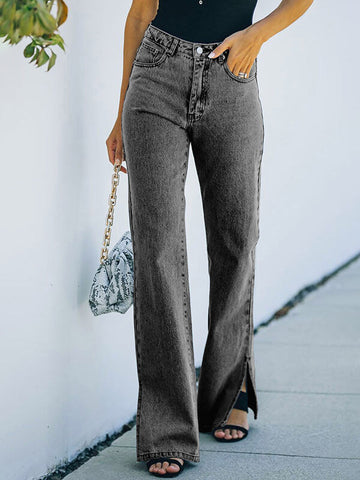 Woochic longue jeans fentes à la base flare évasé mi taille femme mode Noir S